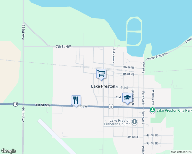 map of restaurants, bars, coffee shops, grocery stores, and more near 300-398 Minden Avenue North in Lake Preston