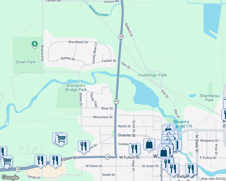 map of restaurants, bars, coffee shops, grocery stores, and more near 788 Leighton Road in Waupaca