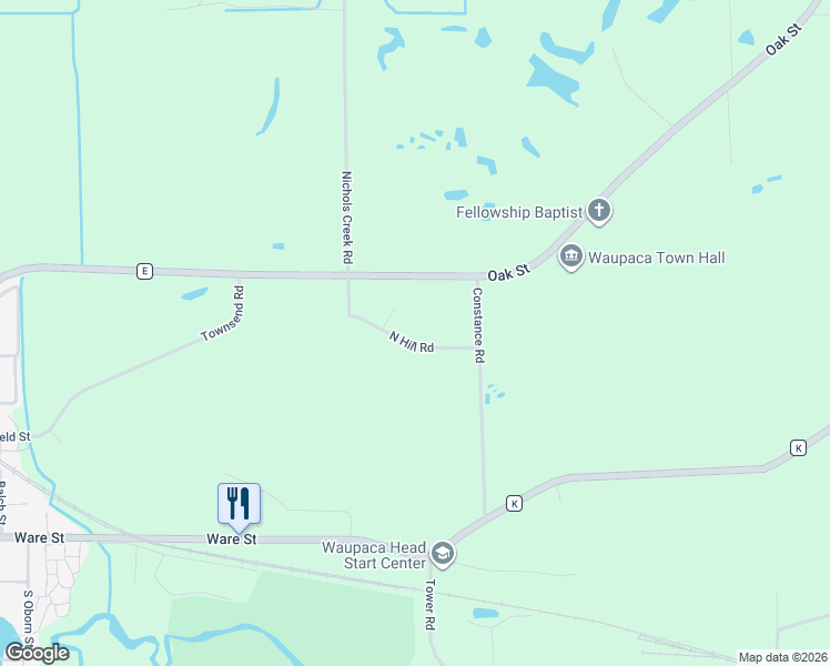 map of restaurants, bars, coffee shops, grocery stores, and more near E3355 North Hill Road in Waupaca