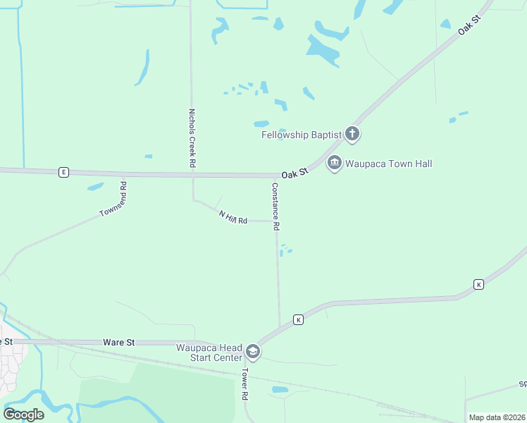 map of restaurants, bars, coffee shops, grocery stores, and more near E3389 North Hill Road in Waupaca