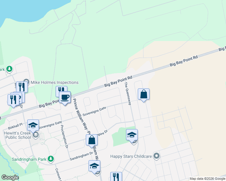 map of restaurants, bars, coffee shops, grocery stores, and more near 63 Westminster Circle in Barrie
