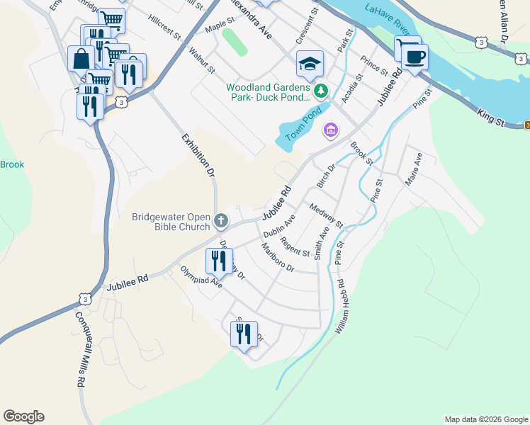 map of restaurants, bars, coffee shops, grocery stores, and more near 250 Jubilee Road in Bridgewater