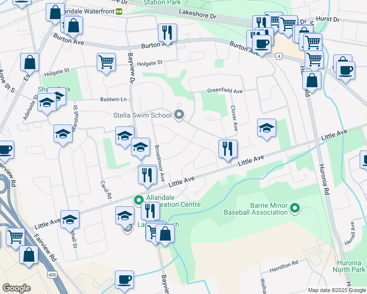 map of restaurants, bars, coffee shops, grocery stores, and more near 28 Highcroft Road in Barrie