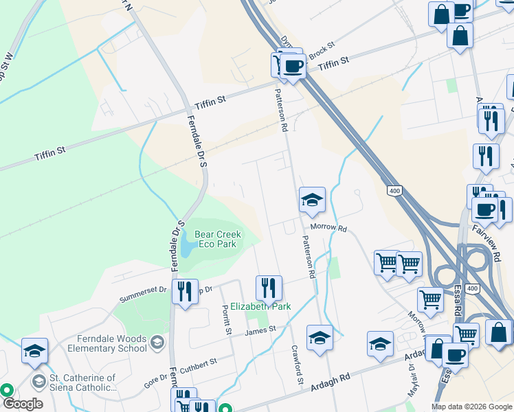map of restaurants, bars, coffee shops, grocery stores, and more near 217 Crawford Street in Barrie