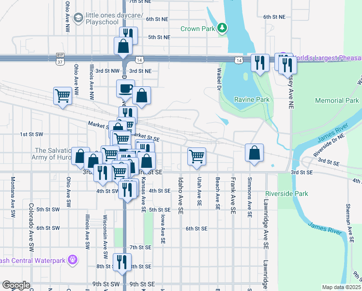 map of restaurants, bars, coffee shops, grocery stores, and more near 16 Idaho Avenue Southeast in Huron