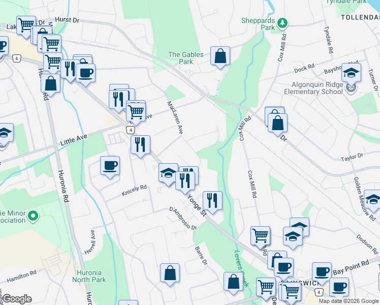 map of restaurants, bars, coffee shops, grocery stores, and more near 20 Macmillan Crescent in Barrie