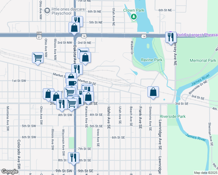 map of restaurants, bars, coffee shops, grocery stores, and more near 16 Idaho Avenue Southeast in Huron