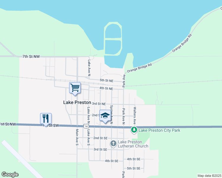 map of restaurants, bars, coffee shops, grocery stores, and more near 399 Spring Avenue North in Lake Preston