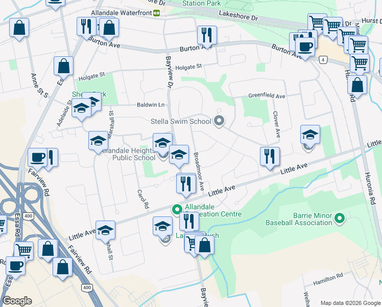 map of restaurants, bars, coffee shops, grocery stores, and more near 28 Broadmoor Avenue in Barrie