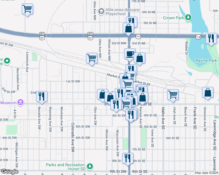map of restaurants, bars, coffee shops, grocery stores, and more near 100-198 Illinois Avenue Southwest in Huron