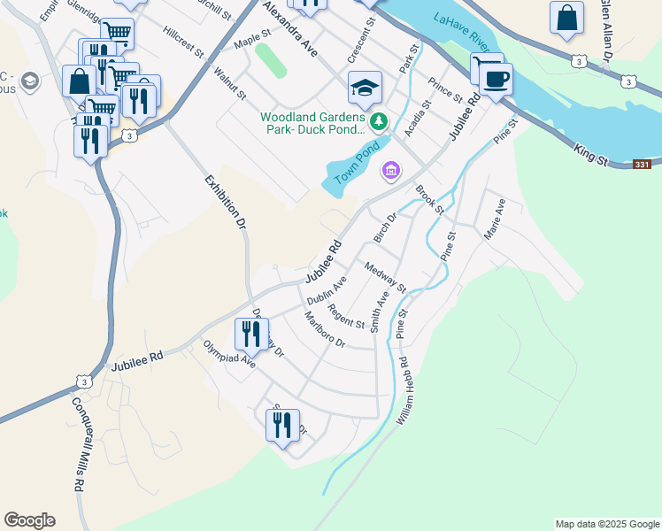 map of restaurants, bars, coffee shops, grocery stores, and more near 6 Duke Street in Bridgewater