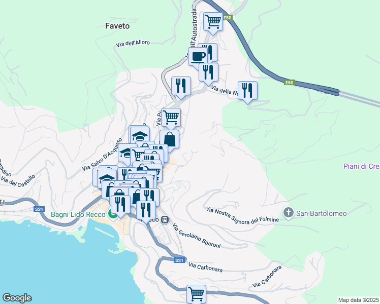 map of restaurants, bars, coffee shops, grocery stores, and more near 11 Salita Liceto in Recco