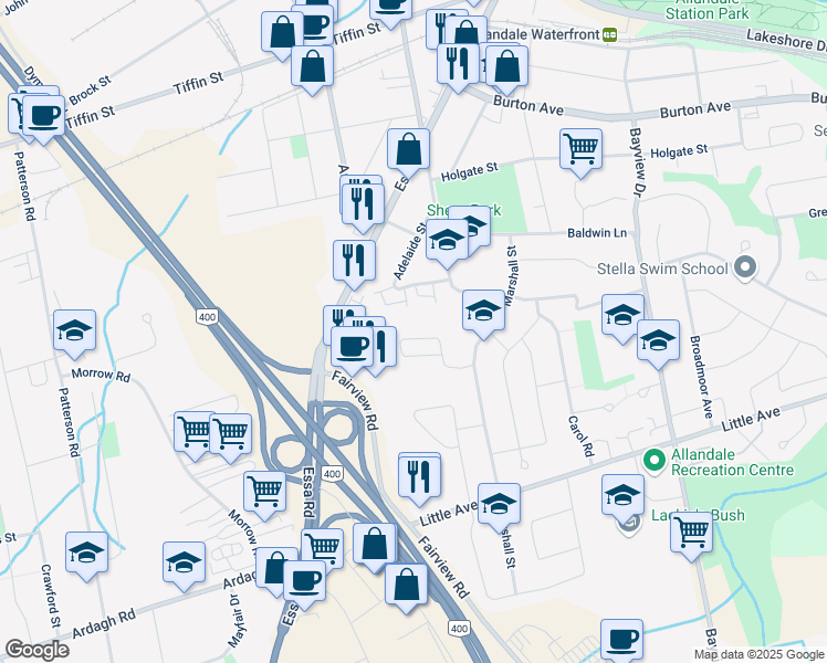 map of restaurants, bars, coffee shops, grocery stores, and more near 24 Debra Crescent in Barrie
