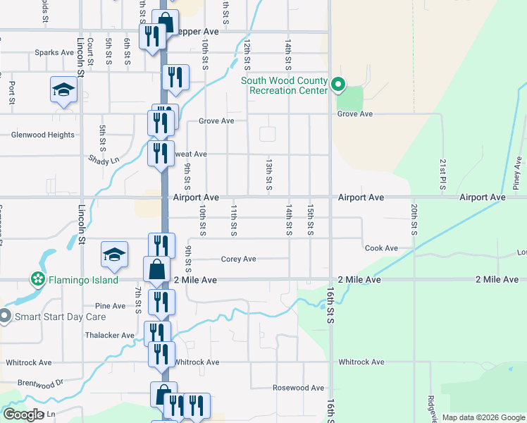 map of restaurants, bars, coffee shops, grocery stores, and more near 1230 Airport Avenue in Wisconsin Rapids