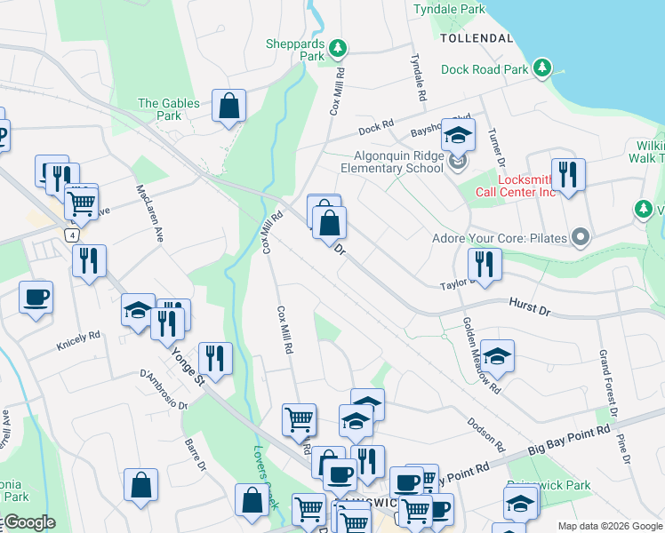 map of restaurants, bars, coffee shops, grocery stores, and more near 17 Bruce Crescent in Barrie
