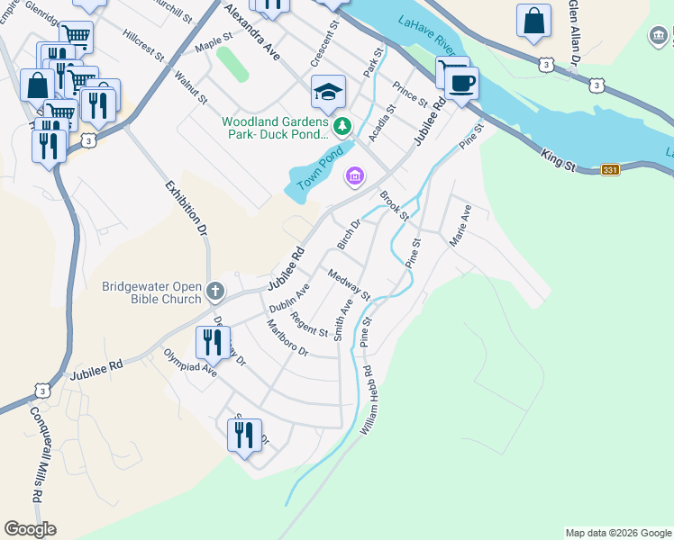 map of restaurants, bars, coffee shops, grocery stores, and more near 11 Medway Street in Bridgewater