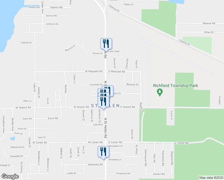 map of restaurants, bars, coffee shops, grocery stores, and more near 10045 Powers Court in Richfield Township