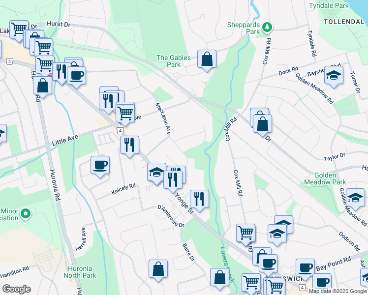 map of restaurants, bars, coffee shops, grocery stores, and more near 19 Macmillan Crescent in Barrie