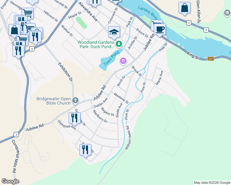 map of restaurants, bars, coffee shops, grocery stores, and more near 11 Medway Street in Bridgewater