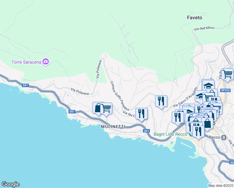 map of restaurants, bars, coffee shops, grocery stores, and more near 52 Cornice Golfo Paradiso in Recco