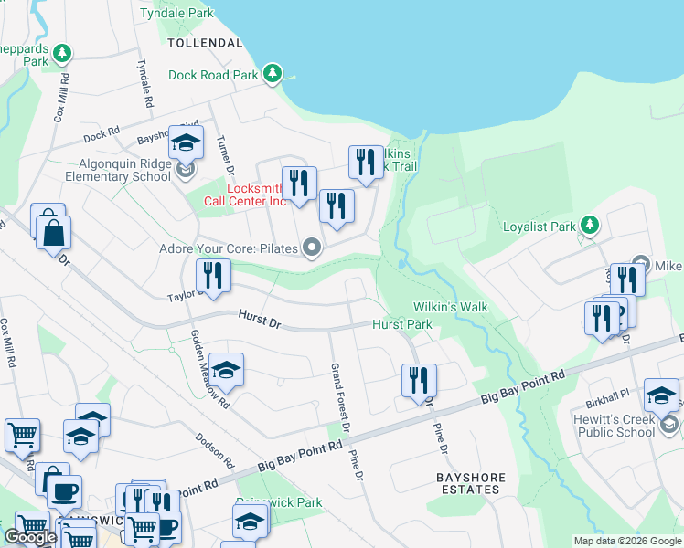 map of restaurants, bars, coffee shops, grocery stores, and more near 24 Bloxham Place in Barrie