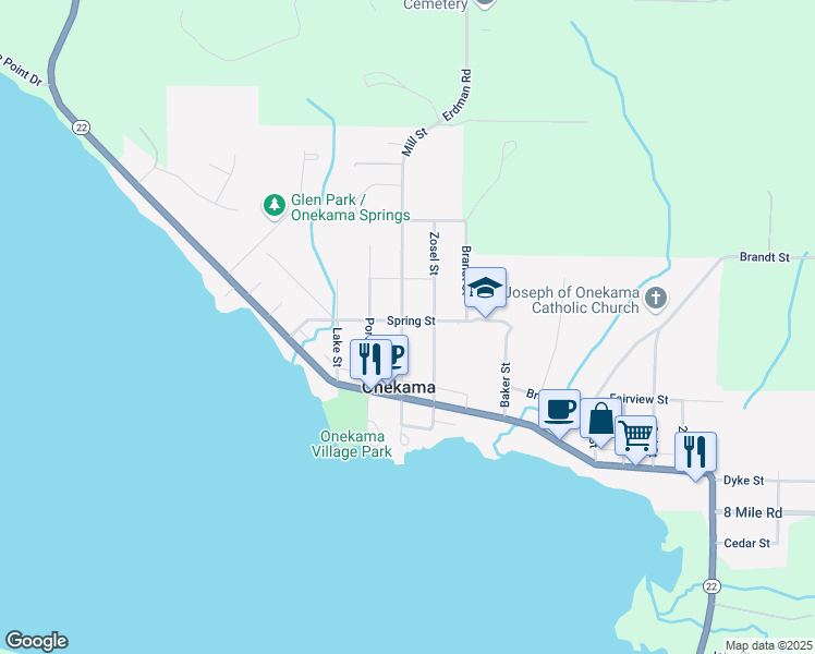 map of restaurants, bars, coffee shops, grocery stores, and more near 8355 Mill Street in Onekama