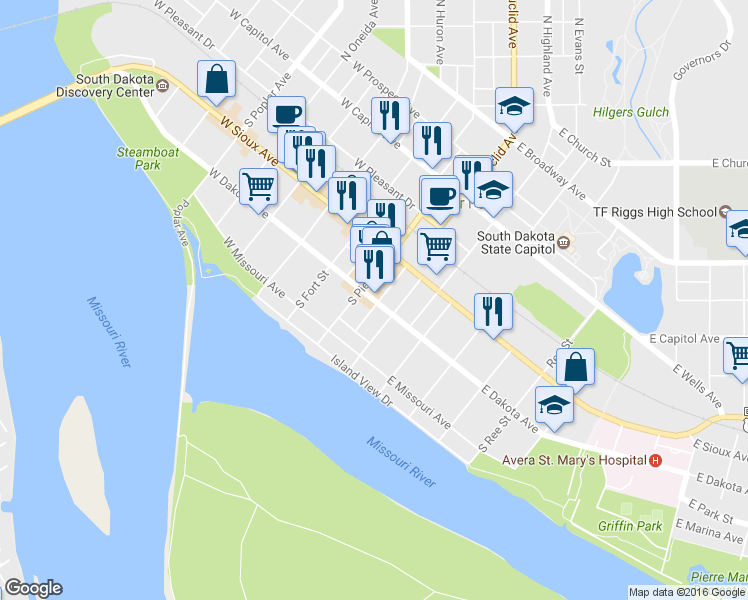 map of restaurants, bars, coffee shops, grocery stores, and more near 106 E Dakota Ave in Pierre