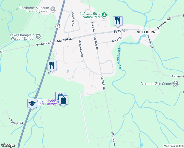 map of restaurants, bars, coffee shops, grocery stores, and more near 1102 The Terraces in Shelburne