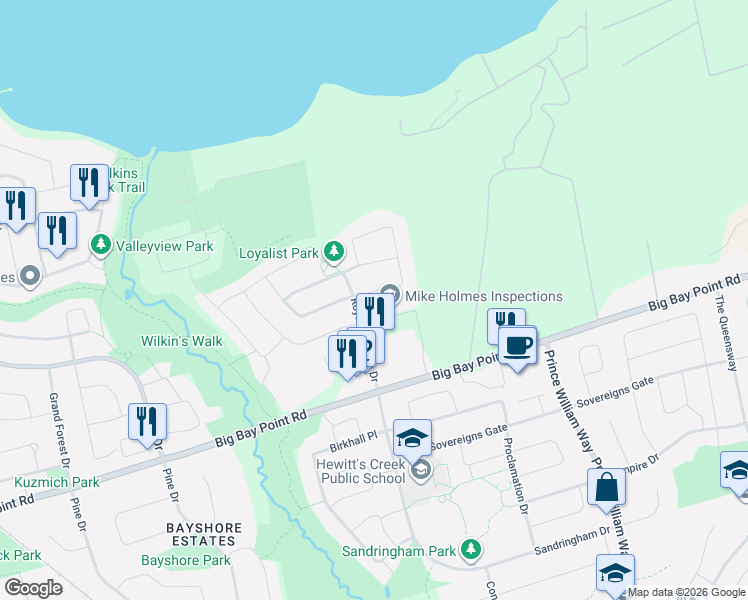 map of restaurants, bars, coffee shops, grocery stores, and more near 55 Jewel House Lane in Barrie