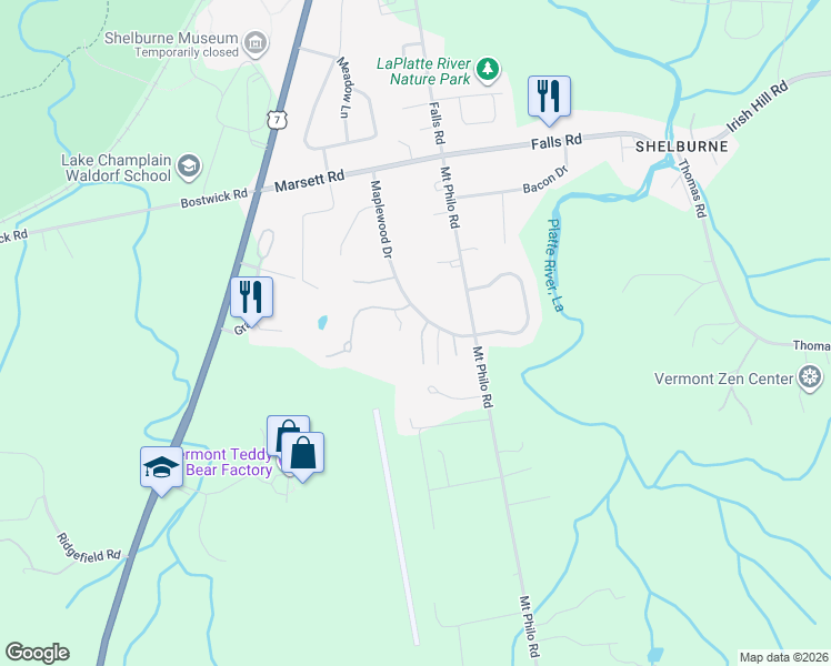 map of restaurants, bars, coffee shops, grocery stores, and more near 1102 The Terraces in Shelburne