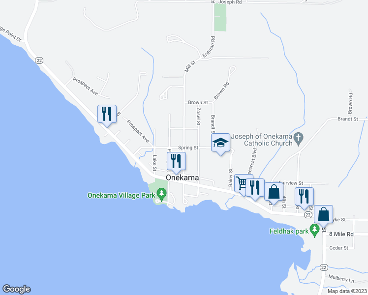 map of restaurants, bars, coffee shops, grocery stores, and more near Spring Street in Onekama
