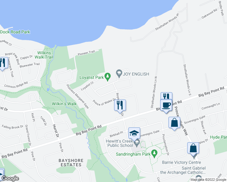 map of restaurants, bars, coffee shops, grocery stores, and more near Jewel House Lane in Barrie