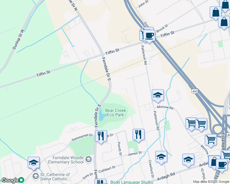 map of restaurants, bars, coffee shops, grocery stores, and more near 41 Ferndale Drive South in Barrie
