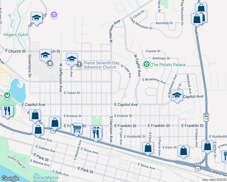 map of restaurants, bars, coffee shops, grocery stores, and more near East Cabot Street in Pierre