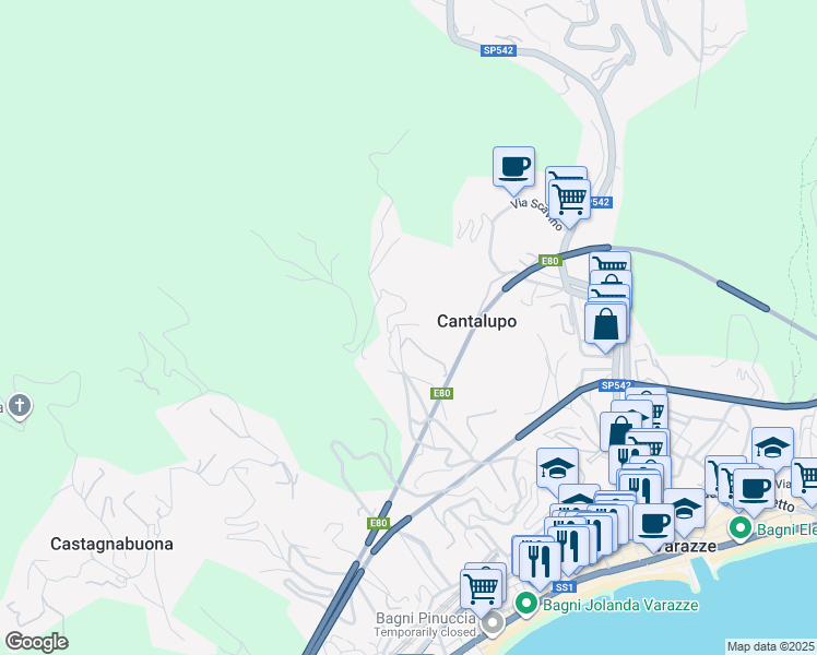 map of restaurants, bars, coffee shops, grocery stores, and more near 32 Via Nuova Cantalupo in Varazze