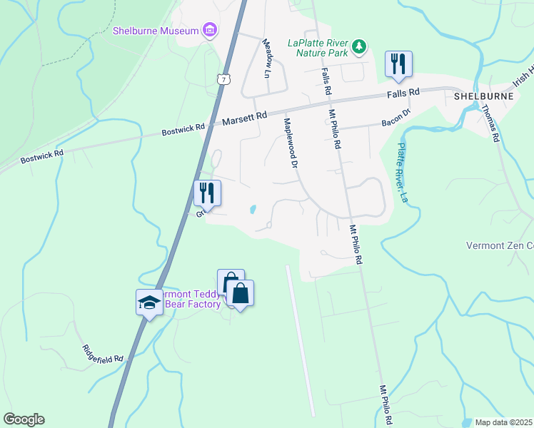 map of restaurants, bars, coffee shops, grocery stores, and more near 134 Covington Lane in Shelburne