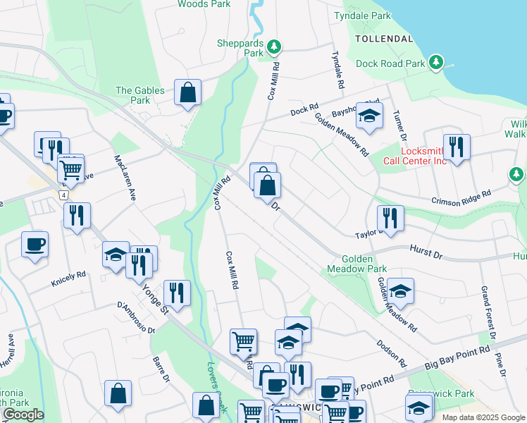 map of restaurants, bars, coffee shops, grocery stores, and more near 201 Hurst Drive in Barrie