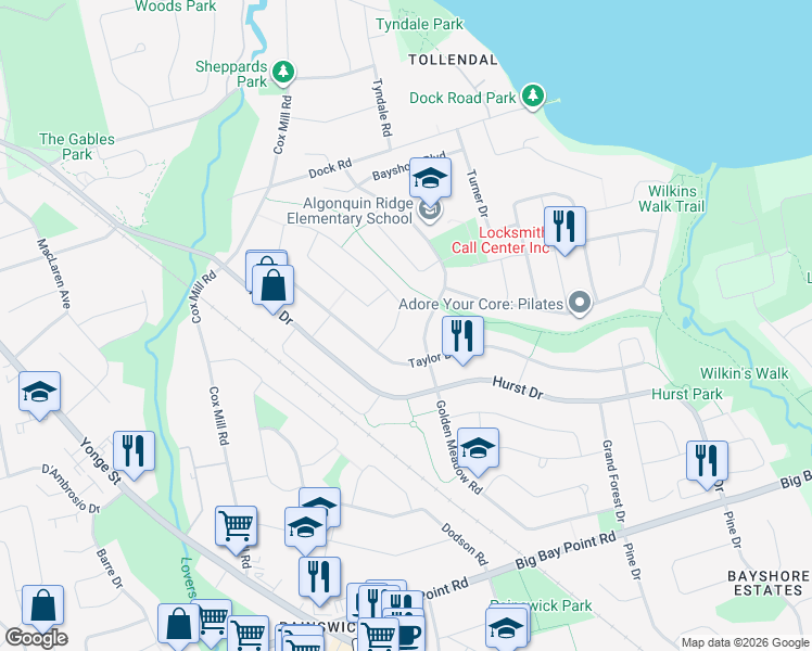 map of restaurants, bars, coffee shops, grocery stores, and more near 148 Golden Meadow Road in Barrie