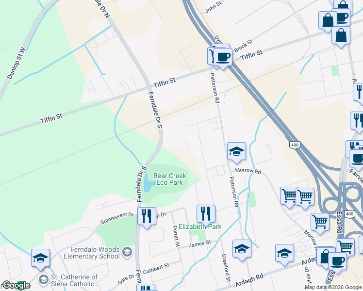 map of restaurants, bars, coffee shops, grocery stores, and more near 43 Ferndale Drive South in Barrie