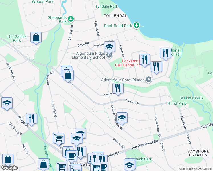 map of restaurants, bars, coffee shops, grocery stores, and more near 148 Golden Meadow Road in Barrie