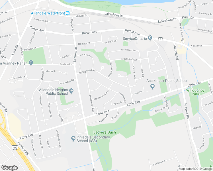 map of restaurants, bars, coffee shops, grocery stores, and more near 28 Highcroft Road in Barrie