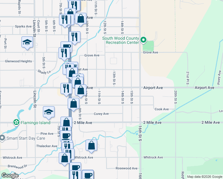 map of restaurants, bars, coffee shops, grocery stores, and more near 1230 Airport Avenue in Wisconsin Rapids