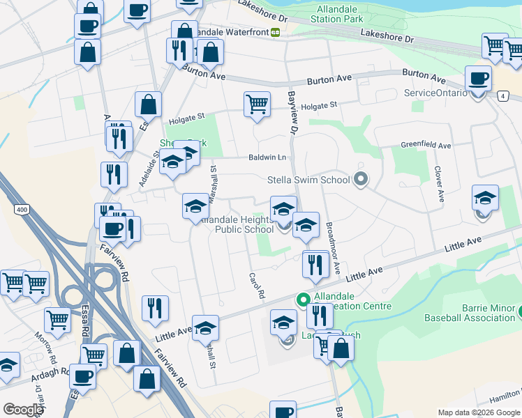 map of restaurants, bars, coffee shops, grocery stores, and more near 25 Glenridge Road in Barrie