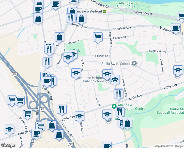 map of restaurants, bars, coffee shops, grocery stores, and more near 31 Glenridge Road in Barrie