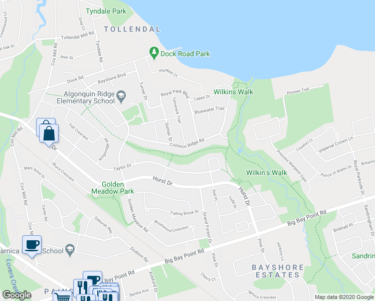 map of restaurants, bars, coffee shops, grocery stores, and more near 47 Crimson Ridge Road in Barrie