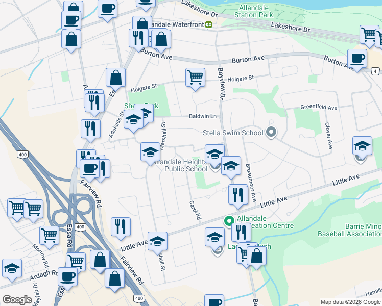 map of restaurants, bars, coffee shops, grocery stores, and more near 31 Glenridge Road in Barrie