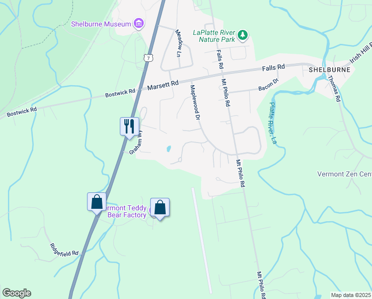map of restaurants, bars, coffee shops, grocery stores, and more near 134 Covington Lane in Shelburne