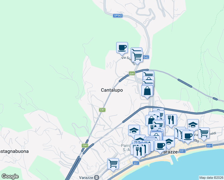 map of restaurants, bars, coffee shops, grocery stores, and more near 17 Via Giovanni Delfino in Varazze