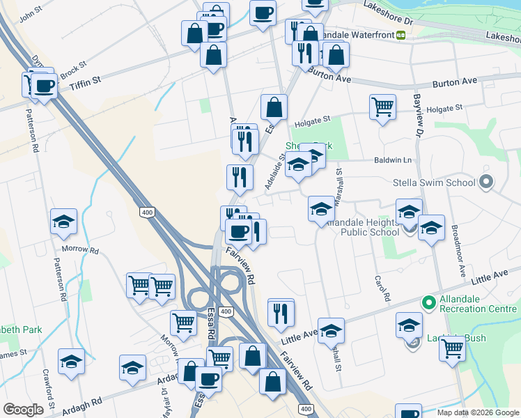 map of restaurants, bars, coffee shops, grocery stores, and more near 52 Adelaide Street in Barrie