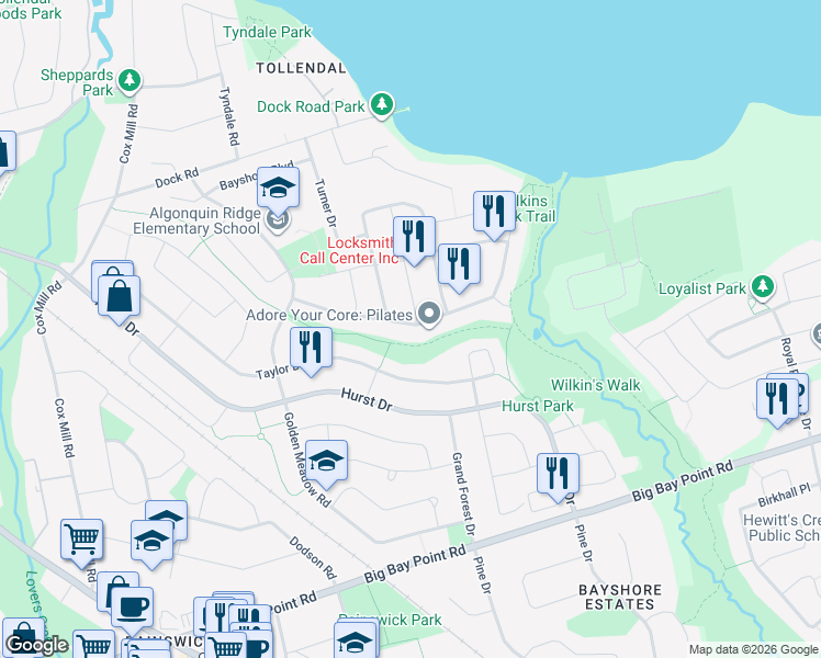 map of restaurants, bars, coffee shops, grocery stores, and more near 47 Crimson Ridge Road in Barrie